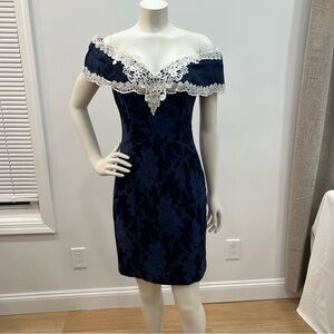 Vintage Navy Jacquard Off-Shoulder Lace Dress